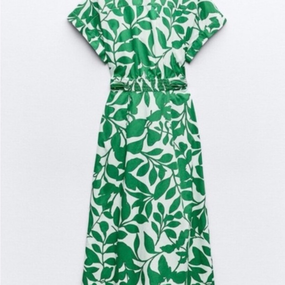 BELTED PRINTED MIDI DRESS GREEN/WHITE . SIZE L - Picture 3 of 13